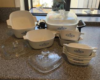 Classic Corning Ware Blue Cornflower Casseroles, Glass Lids, Electric Warmer
