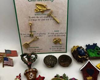 Colorful Novelty Brooch Lot Christmas Trees Birdhouses Flags Angels Garden Pins