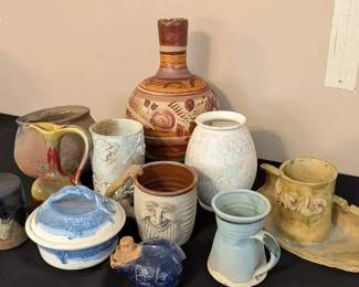 Colorful Handmade Studio Pottery Lot, Face Mug, Covered Dish, Vases, Pitcher