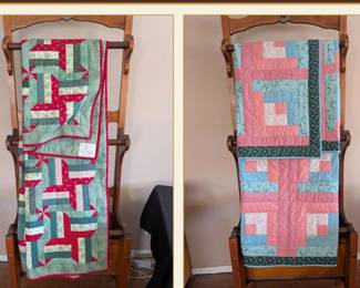 Handmade Patchwork Quilt Pair Spinning Rails Christmas and Pink Log Cabin  STAND NOT INCLUDED