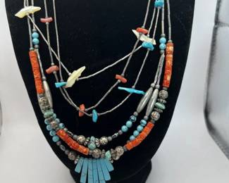Colorful Sterling Silver Heishi Necklace Lot Turquoise Coral Shell Birds