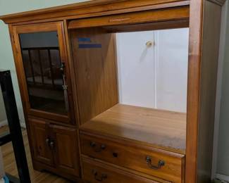 Large Wood TV Entertainment Center Armoire, Tambour Door, Glass Door, Drawers
