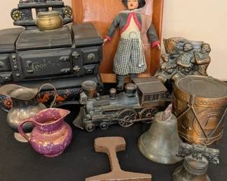 Charming Americana Lot Coin Banks, Grays Pottery Lustre Jug, Liberty Bell