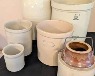 Antique Stoneware Crock Lot Medalta 5 Imperial, Marshall Pottery, Wire Bail Jar
