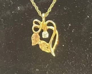 10K Gold Heart Leaf Pendant Necklace Diamond Accent 12K GoldFilled Chain