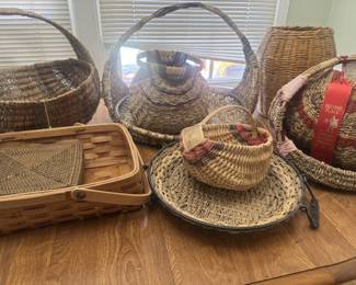 Handmade Art Basket Lot Fair Ribbons, Grapevine Wool, Rattan Trays, Wood Basket