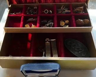 Classic Mens Jewelry Box Lot Cufflinks Tie Clips Swank Coin Set Copper Lighter