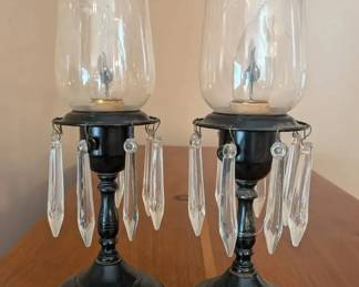 Antique Style Pair Electric Hurricane Lustre Lamps Etched Glass Chimneys Prisms