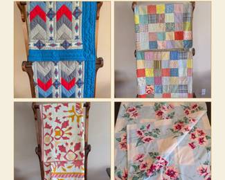 Colorful Applique Quilt Lot with Patchwork Quilts, Knit Throw and Tablecloth