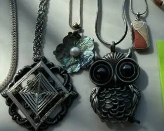 Retro Silver Tone Necklace Lot Owl Pendant Abalone Flower Herringbone Chains