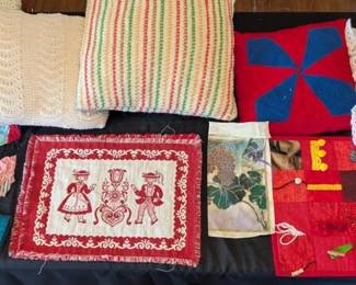 Handmade Textile Lot Granny Square Afghan, Pillows, Fidget Quilt, Woven Mats