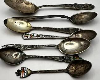 Antique Sterling Silver Souvenir Spoons Lot Canada Vancouver Yellowstone Enamel