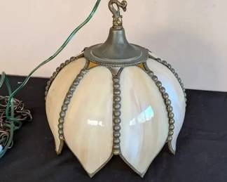 Elegant Tulip Petal Swag Lamp with Caramel Slag Glass Panels and Beaded Frame