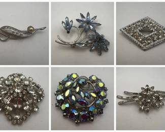 Elegant Rhinestone Brooch Lot Sterling Leaf Spray Marquise Wreath Floral Pins