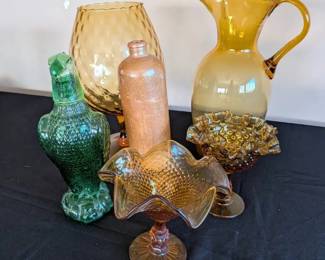 Colorful Amber Glass Lot Pitcher, Hobnail Compotes, Brandy Vase, Amsterdam Crock
