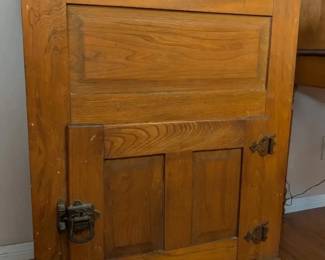 Antique Oak Ice Box Zinc Lined Cabinet with Cast Iron Latch and Hinges  BOTTLES NOT INCLUDED
