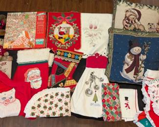 Colorful Christmas Decor Lot Springbok Puzzle, Teddy Bears, Stockings, Linens