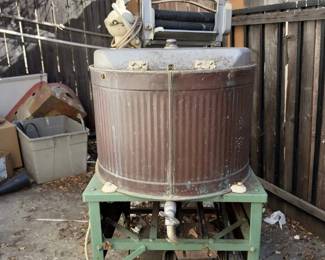 Antique Voss Copper Tub Wringer Washing Machine on Green Steel Stand with Motor