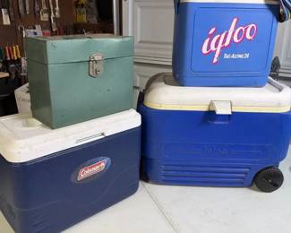 Colorful Igloo  Coleman Cooler Lot with Wheeled Igloo and Green Metal File Box
