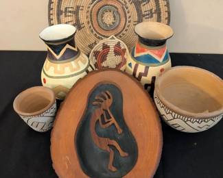 Handmade Southwest Style Decor Lot Kokopelli Plaque, Pottery, Coiled Baskets