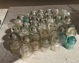Large Lot Clear Glass Insulators with Aqua Teal and Amber Tint Pole Glass
