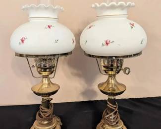 Charming Pair Brass Hurricane Lamps, Hand Painted Rose Ruffled Glass Shades