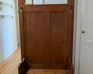 Antique Quartersawn Oak Hall Tree Storage Bench Beveled Mirror Swivel Coat Hooks