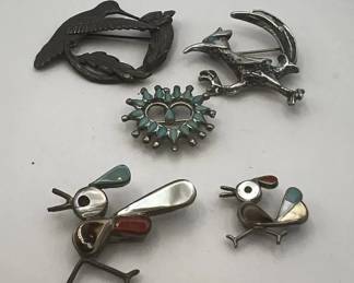 Southwestern Sterling Pin Lot Zuni Inlay Roadrunners Sid Bell Hummingbird Heart