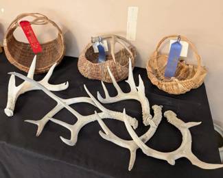 Handmade Del Mar Fair Award Winning Baskets Lot with Natural Shed Antlers