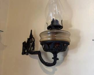 Antique Cast Iron Wall Bracket Oil Lamp with Glass Font Chimney and Match Holder