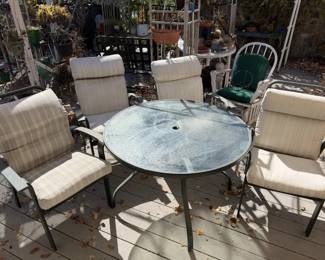 Sturdy Green Metal Patio Dining Set, Round Textured Glass Table, Cushion Chairs