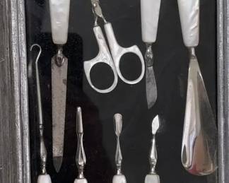 Antique Style Mother of Pearl Manicure Set in Framed Shadow Box Display