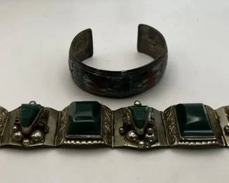 Colorful Mexico Silver Link Bracelet Green Carved Face Panels  Chip Inlay Cuff
