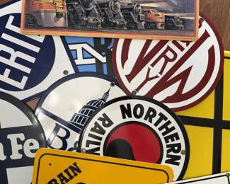 Colorful Metal Railroad Sign Lot Lionel, American Flyer, Santa Fe, Erie, BO