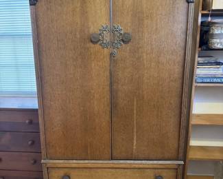 Carved Grape Vine Wood Armoire Wardrobe Cabinet Keyhole Plates Two Drawers
