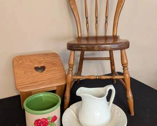 Sturdy Stenciled Side Chair, Oak Heart Step Stool, Ironstone Pitcher Bowl, Crock