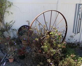 Rustic Garden Lot Large Iron Wheel, Wood Spoke Wheel with Tire, Shovels, Pots