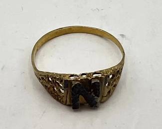 GoldTone Initial N Ring with DiamondCut Letter and Pierced Nugget Shoulders