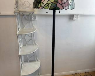 Elegant Tiffany Style Rose Stained Glass Floor Lamp Dual Pull Chain Corner Shelf