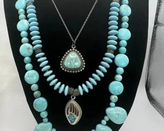Colorful Turquoise Necklace Lot Bell Sterling Pendant Bear Paw Inlay 925 Clasp
