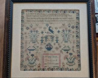 Antique Maria Oliver Droxford School Needlework Sampler 1853 in Wood Frame