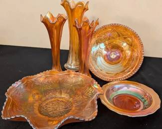 Colorful Marigold Carnival Glass Lot Ruffled Footed Bowls and Swung Vases