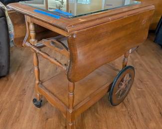 Classic DropLeaf Wood Rolling Tea Cart, Removable Serving Tray, Glass Top