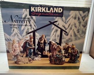 Elegant Kirkland Signature Porcelain Nativity Set Wood Creche Original Box