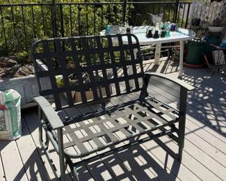 Classic Green Metal Patio Glider Loveseat with Woven Strap Seat and Back