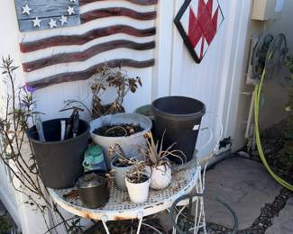 Rustic Wood American Flag Wall Art, Barn Quilt, White Bistro Table and Chair