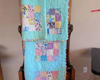 Handmade Quilt Lot Aqua Patchwork, Denim Rag Quilt, Basket Mats, Tulip Runner