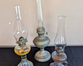 Antique Oil Lamp Trio, Glass Chimneys, Metal Base and Lavender Finger Lamp