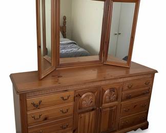 Broyhill Solid Knotty Pine Triple Dresser with Trifold Mirror