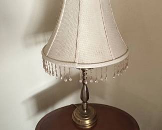 CAST BRASS TABLE LAMP w or IONIC ROMAN COLUMN STYLE and TAUPE FABRIC BEADED SHADE